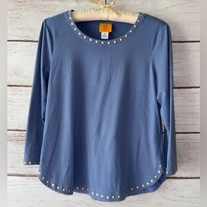 Ruby Rd. Blue Top with Gold Stud Accents Size PS Summer Vacation Workwear Office